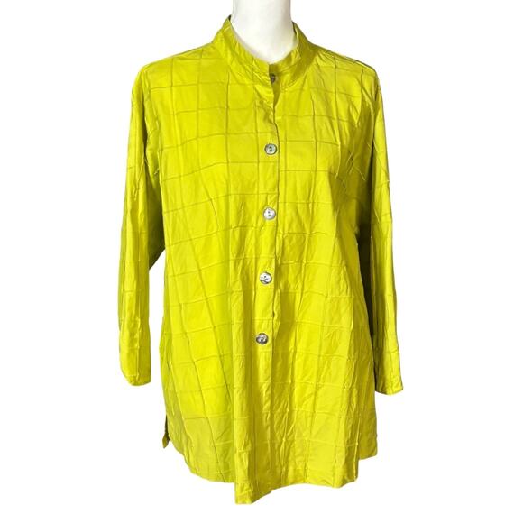 Ali Miles Tunic Size XL Lime Green 3/4 Sleeves Button Front Lagenlook Artsy - Picture 2 of 8